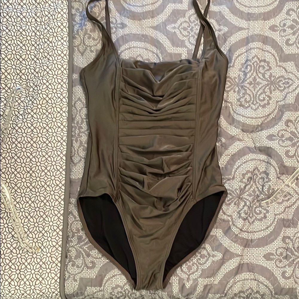 Calvin Klein Olive Green Ruched Scoop One-Piece Swimsuit